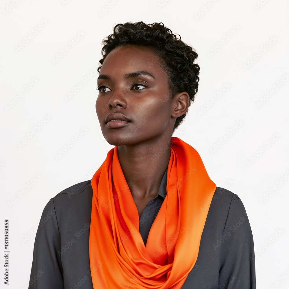 Fototapeta premium Person with deep ebony skin, short coiled black hair in a bright orange silk scarf over a glossy charcoal gray shirt, velvety texture, full view, isolated on white background - Generative AI