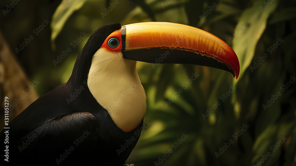 Fototapeta premium Close up of toucan with vibrant curved beak in lush setting