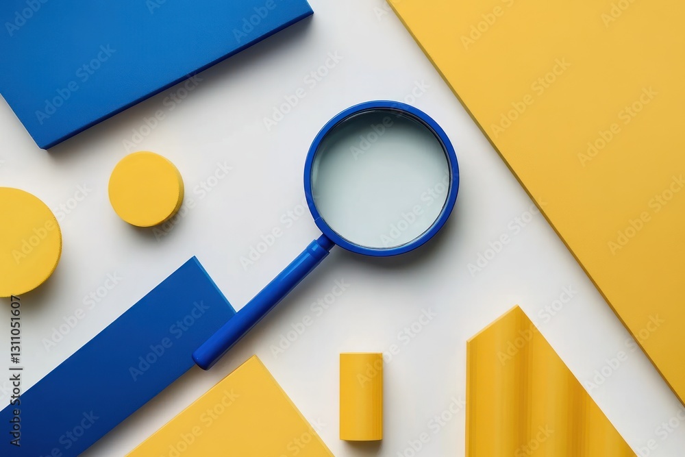 Blue magnifying glass on yellow and blue shapes. Abstract background for search, investigation Blue magnifying glass on yellow and blue shapes. Abstract background for search, investigation