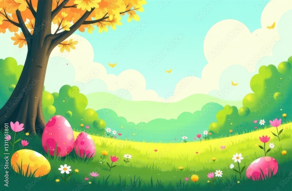 Fototapeta premium Vibrant Easter celebration in a scenic spring landscape with colorful eggs