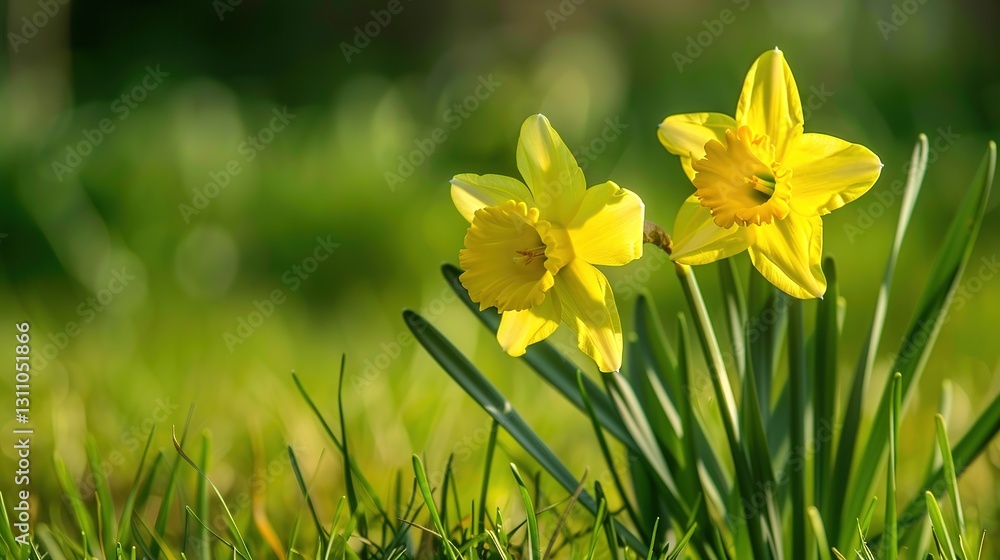 Obraz premium Two yellow daffodils in the grass, spring flowers, green background, nature scene.
