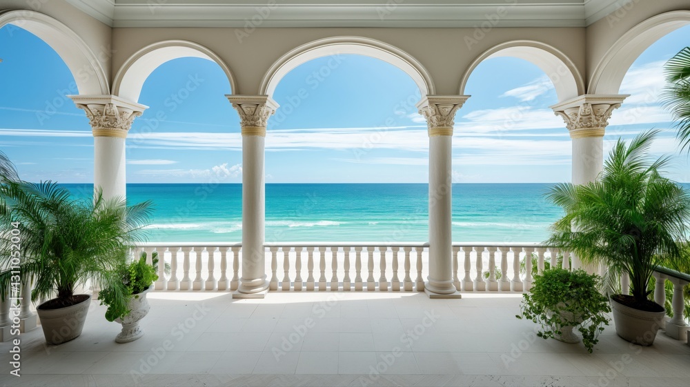 Fototapeta premium white coastal living room features large windows overlooking the ocean
