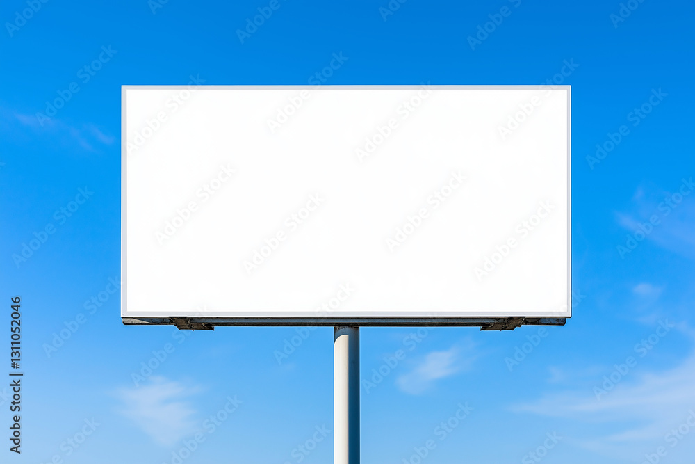 A blank billboard with no text or images, set against the clear blue sky for advertising copy space mockup. White banner on an empty outdoor sign. A blank billboard with no text or images, set against the clear blue sky for advertising copy space mockup. White banner on an empty outdoor sign.