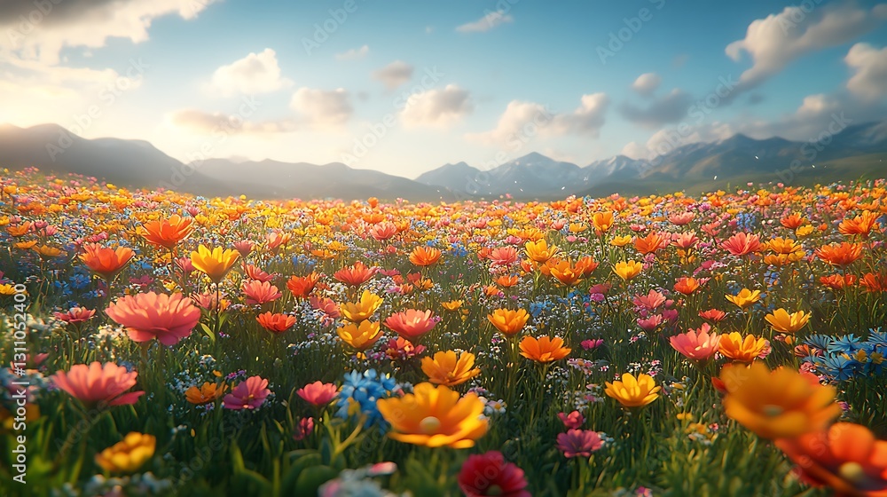 A soft breeze carries through a meadow of wildflowers revealing delicate textures and bright hues beneath a clear sky A soft breeze carries through a meadow of wildflowers revealing delicate textures and bright hues beneath a clear sky
