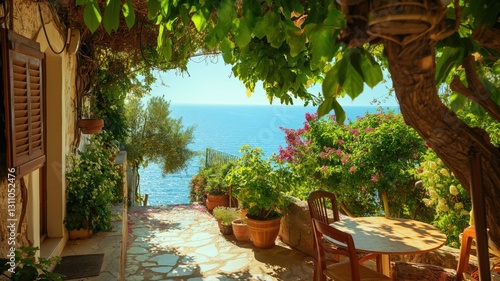 Fototapeta Naklejka Na Ścianę i Meble -  A stunning professional photograph of a picturesque terrace in Greece adorned with flowers and plants. 