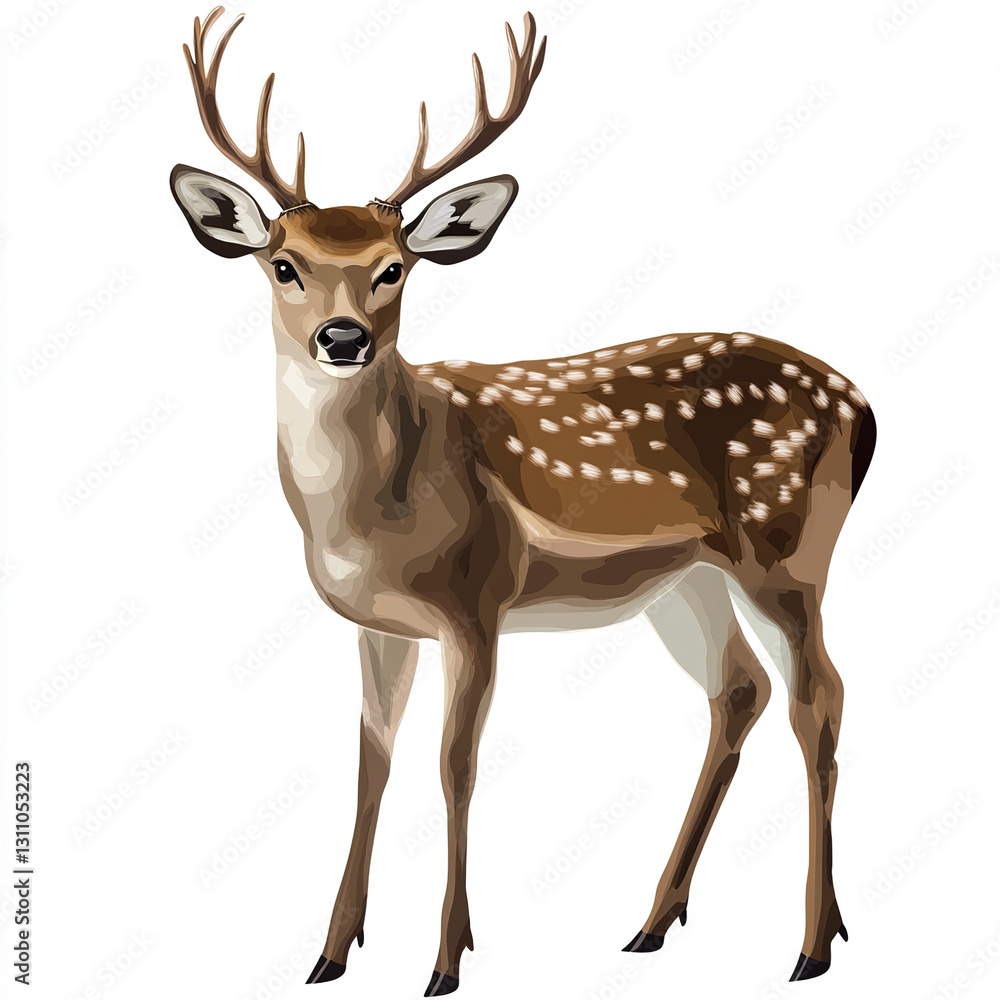 Fototapeta premium Deer isolated on white background with antlers and spotted fur