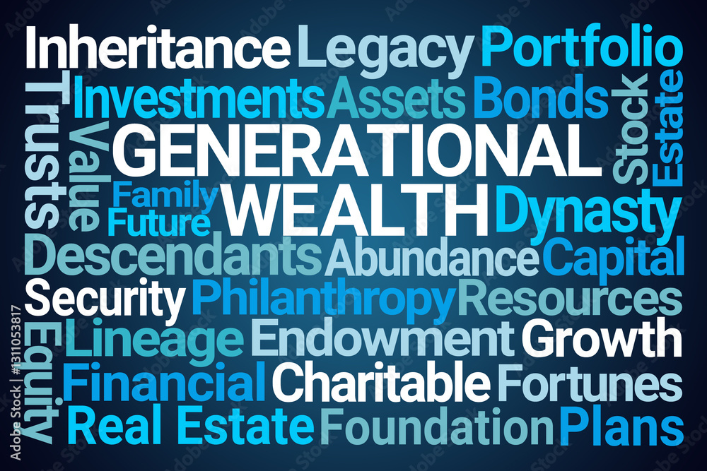 Generational Wealth Word Cloud on Blue Background Generational Wealth Word Cloud on Blue Background