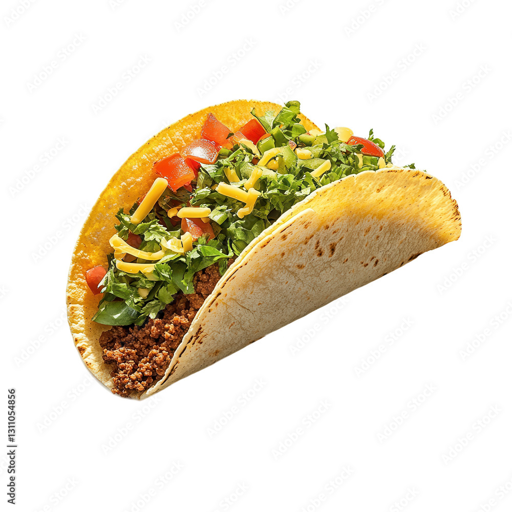 Taco filled with seasoned ground beef, fresh lettuce, diced tomatoes, shredded cheese, and topped with salsa, isolated on white background, delicious food. Taco filled with seasoned ground beef, fresh lettuce, diced tomatoes, shredded cheese, and topped with salsa, isolated on white background, delicious food.