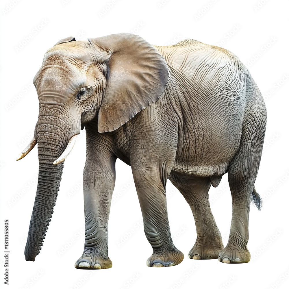 Fototapeta premium Elephant standing on white background, showcasing its textured skin