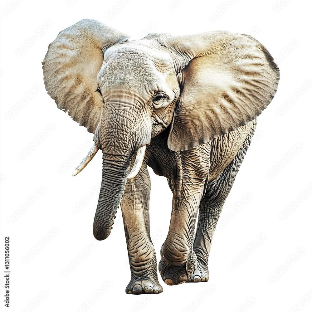 Fototapeta premium Elephant walking on white background, showcasing its large ears