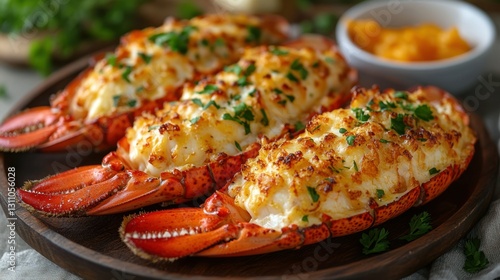Baked Stuffed Lobster Tails on Wooden Plate
