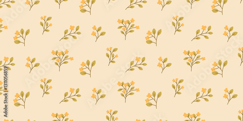 Spring seamless pattern with blooming tree branches. Botanical summer cottagecore pattern with green leaves, branches, sprigs with yellow flowers. Vector background with plants for scrapbooking.