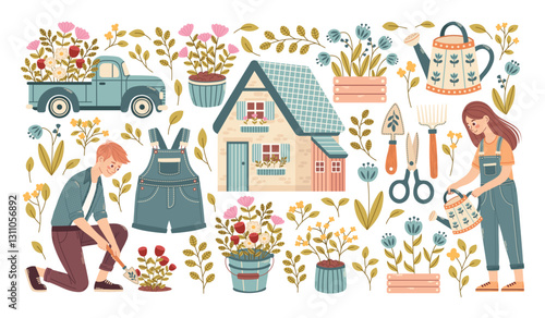 Soft blue delicate cottagecore set with country house, garden tools, pots and flower beds. Girl and guy are engaged in planting and watering flowers in the garden. Vector illustration.