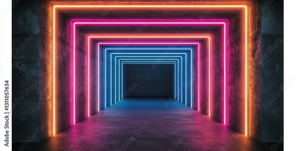 Neon Lighted Tunnel with Vibrant Colors in Dark Environment Neon Lighted Tunnel with Vibrant Colors in Dark Environment