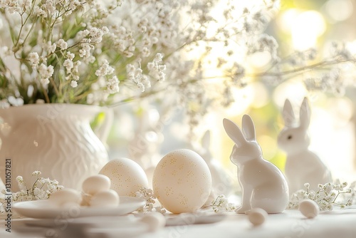 Beautiful Easter scene with white bunny figurines, decorative speckled eggs. White floral arrangement in vase and delicate holiday decor elements. photo