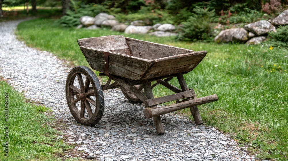Fototapeta premium An old wooden wagon with a wooden seat and a metal handle.
