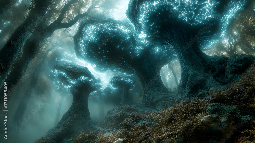 Mystical Forest, Glow Trees, Foggy Woods Mystical Forest, Glow Trees, Foggy Woods