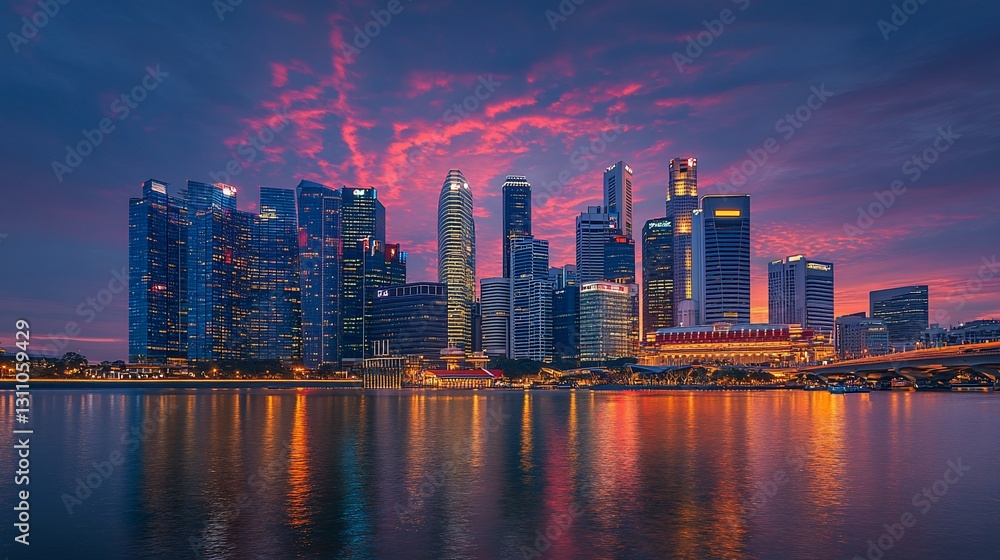 Fototapeta premium Stunning cityscape of Singapore at twilight with vibrant sky and reflections on the water