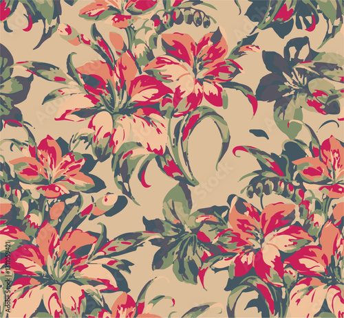 Big flowers pattern, upscale floral pattern. graphical textures floral, trendy colors pattern , flowers background with leaves. vector illustration.