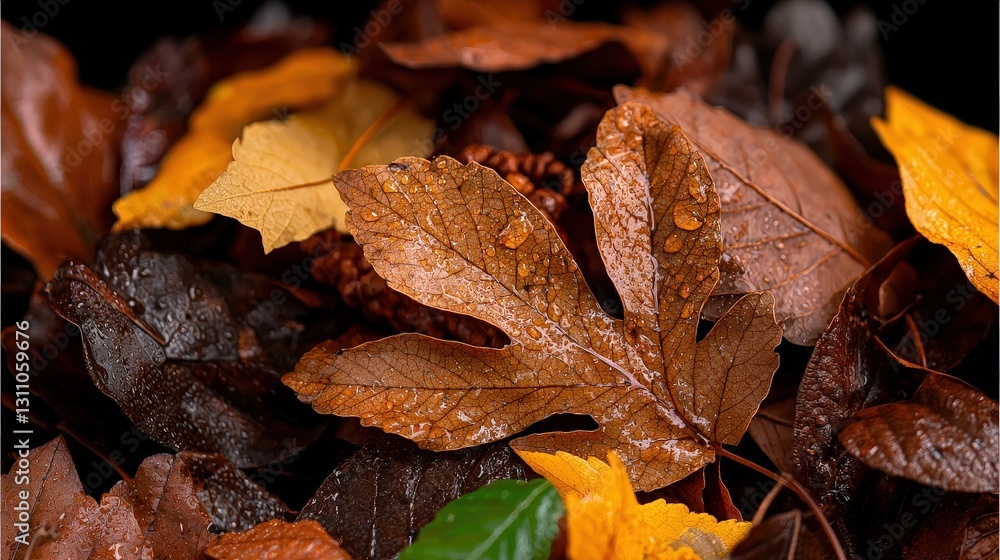 Close-up of dew-covered autumn leaves in various shades of brown, yellow, and green. Close-up of dew-covered autumn leaves in various shades of brown, yellow, and green.