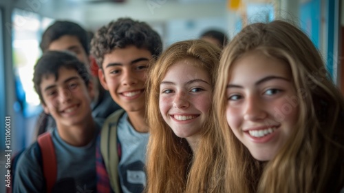 Youthful Group of Students Smiling in a Lively Classroom Setting