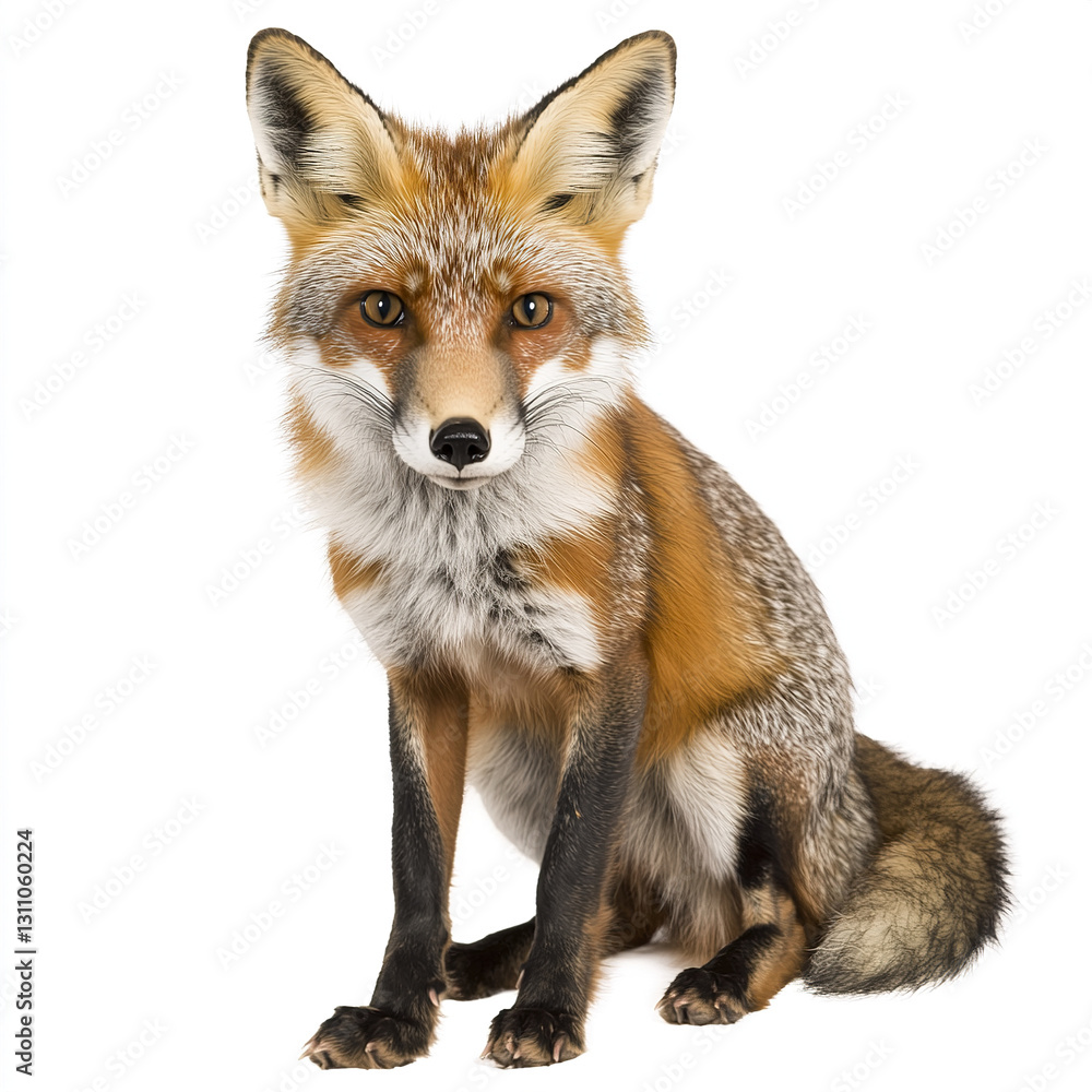 Fototapeta premium Red fox sitting on white background, looking alert