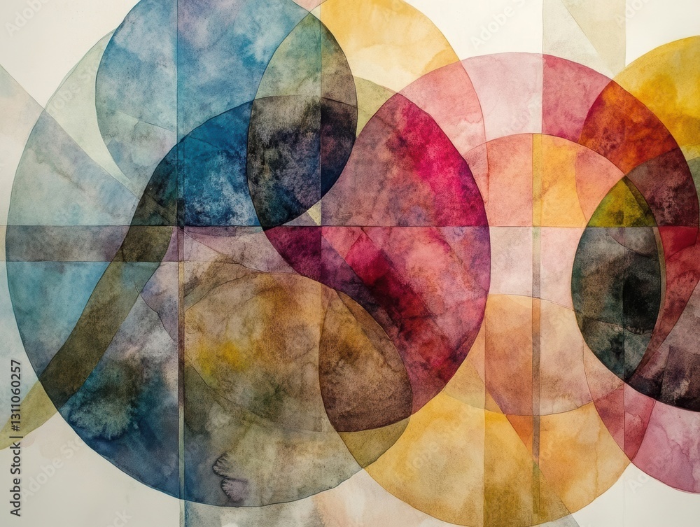 Fototapeta premium Abstract Color Harmony: A mesmerizing abstract artwork composed of overlapping translucent watercolor circles and geometric forms, creating a visual symphony of color and light.