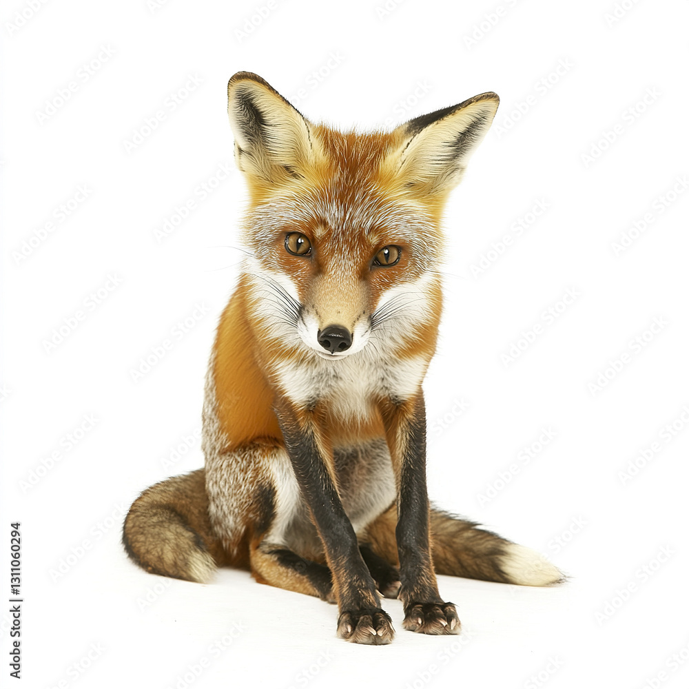 red fox sits on white background, looking curious red fox sits on white background, looking curious