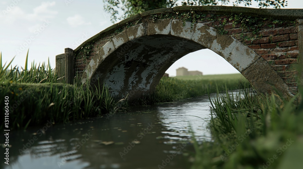Fototapeta premium A small stone bridge with a curved archway spans a tranquil river, surrounded by lush greenery and a distant building.