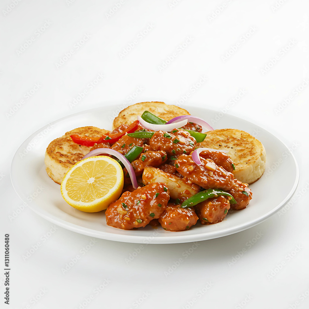 Chicken in Sauce with Biscuits and Lemon on White Plate Chicken in Sauce with Biscuits and Lemon on White Plate