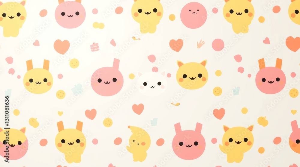 Cute Animal Cartoon Character Pattern Design with Hearts and Polka Dots Cute Animal Cartoon Character Pattern Design with Hearts and Polka Dots
