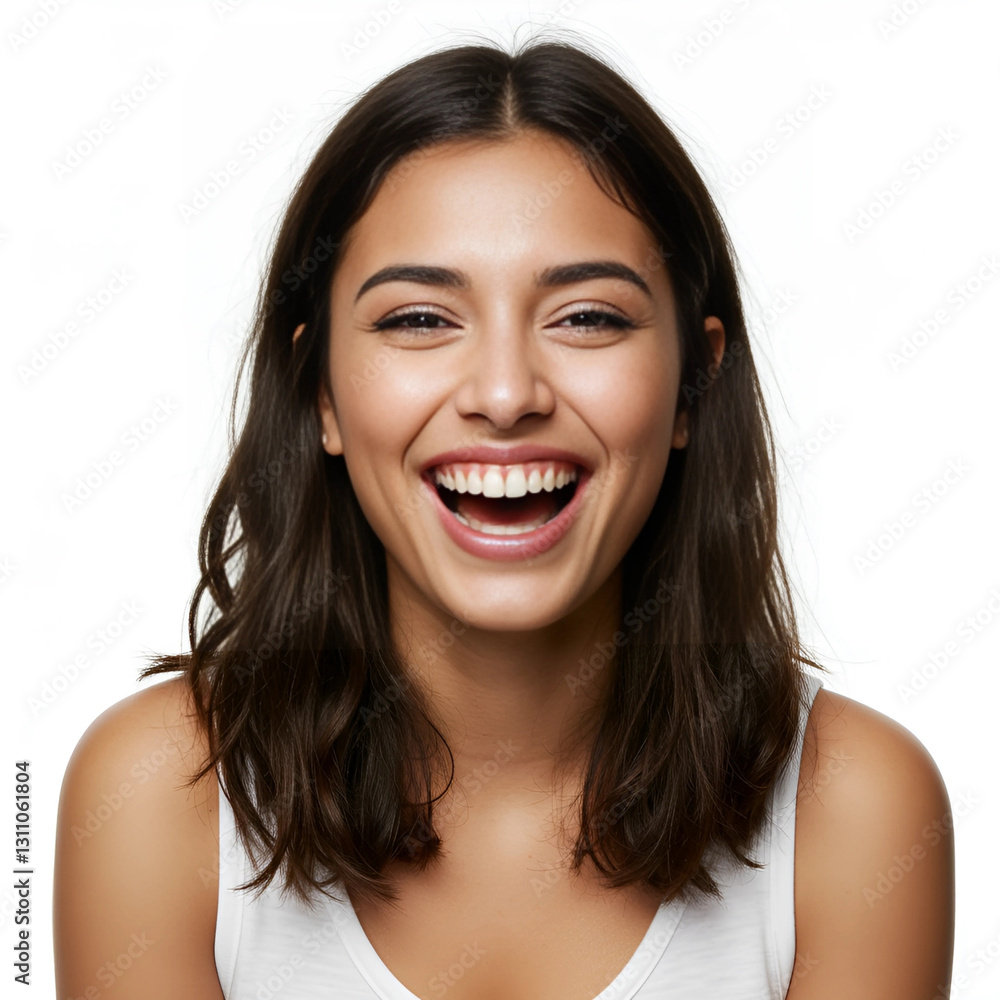 Happy Brunette Woman Laughing with Bright Expression Happy Brunette Woman Laughing with Bright Expression