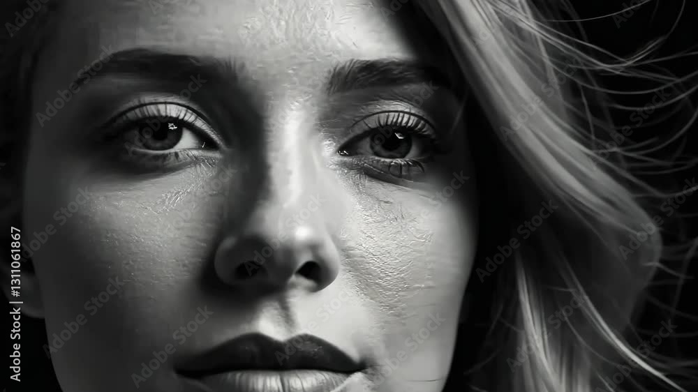 Black and white close-up portrait of a young woman with intense eye contact and soft lighting Black and white close-up portrait of a young woman with intense eye contact and soft lighting