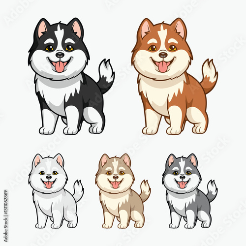 Set of cute alaskan malamute vector illustration. Dog species variations. Cartoon character logo mascot collection