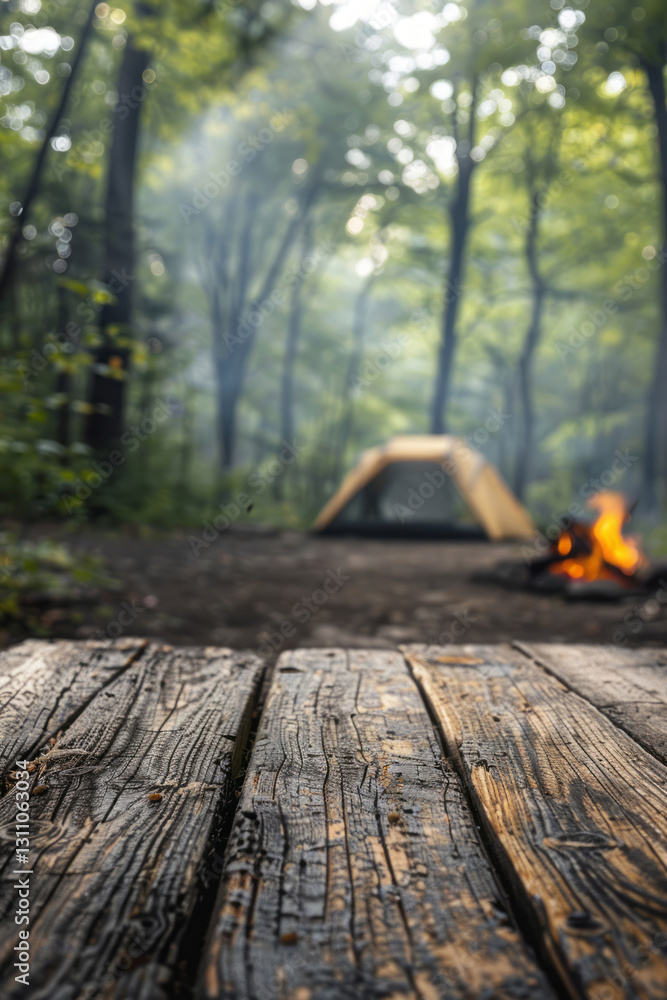 A blurred background of a camping area features tents and a campfire in a forest, with an empty wooden tabletop for product display montage. A blurred background of a camping area features tents and a campfire in a forest, with an empty wooden tabletop for product display montage.