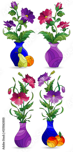 Set of illustrations in the style of stained glass with floral still lifes, vases with flowers isolated on a white background
