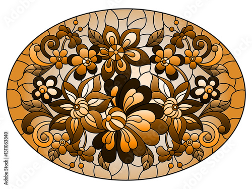 Illustration in stained glass style with abstract flowers and leaves , oval image, tone brown