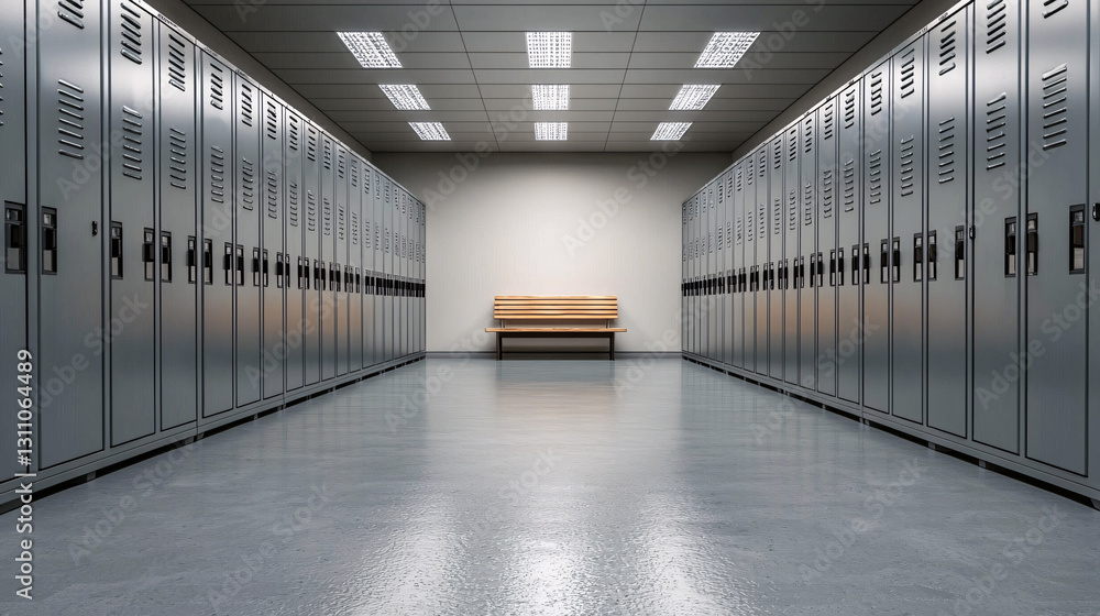 Fototapeta premium School Lockers and Bench in a Long Hallway with Artificial Lights for a Modern and Clean Look