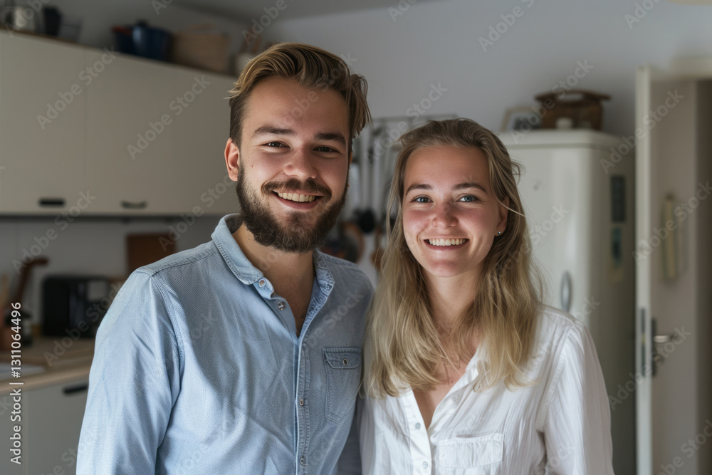A young couple standing in the modern kitchen of their new home, their faces reflecting happiness and contentment. A young couple standing in the modern kitchen of their new home, their faces reflecting happiness and contentment.