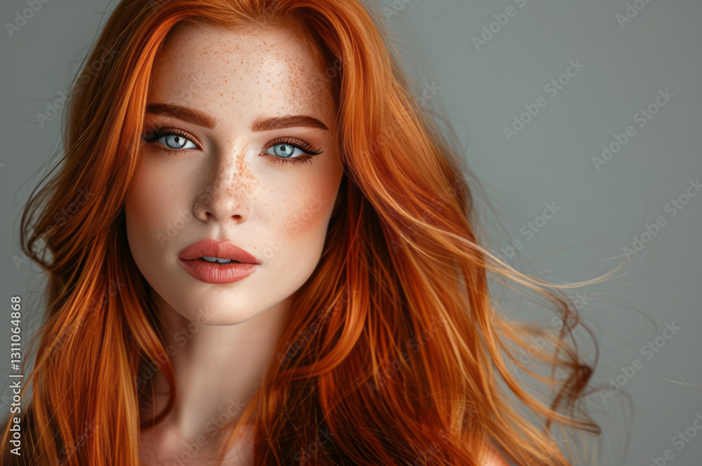 Obraz premium A beautiful woman with long red hair striking an elegant pose, her luxurious and shiny hair showcased against a gray background, her vibrant orange color being the focal point.