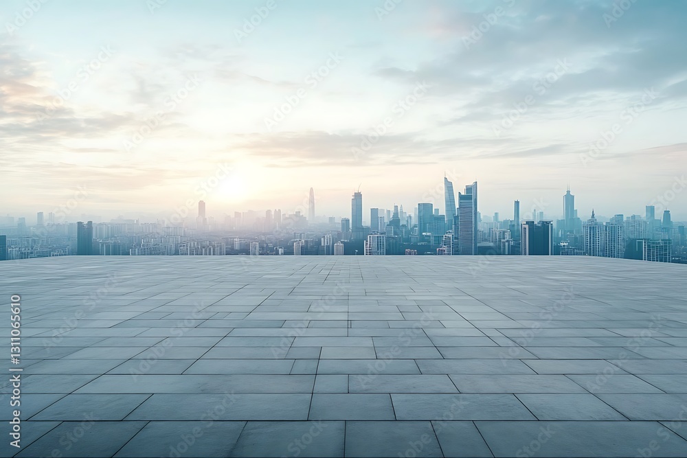Empty rooftop with city skyline view in the morning light Empty rooftop with city skyline view in the morning light