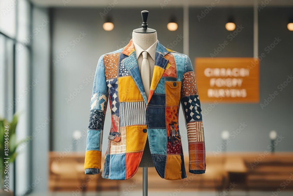 A vibrant patchwork blazer displayed on a mannequin in a modern setting, showcasing a blend of colors and patterns. A vibrant patchwork blazer displayed on a mannequin in a modern setting, showcasing a blend of colors and patterns.