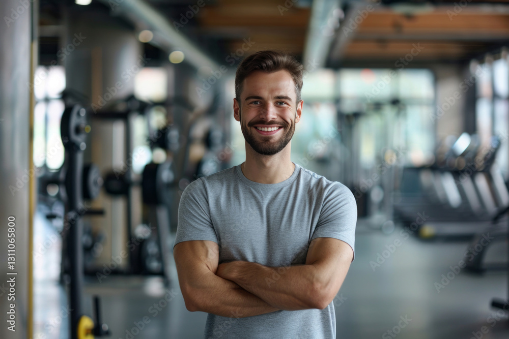 A young man is standing in the gym with arms crossed and smiling at the camera. A young man is standing in the gym with arms crossed and smiling at the camera.