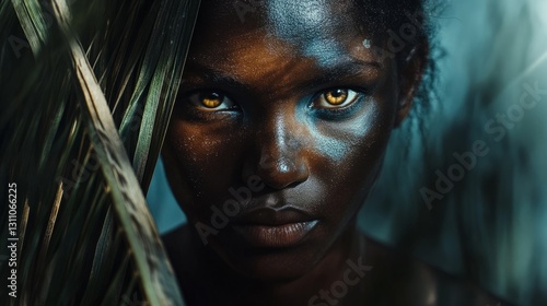 A warrior has gleaming eyes, a firm face, a chiseled face, and a skin that ma...