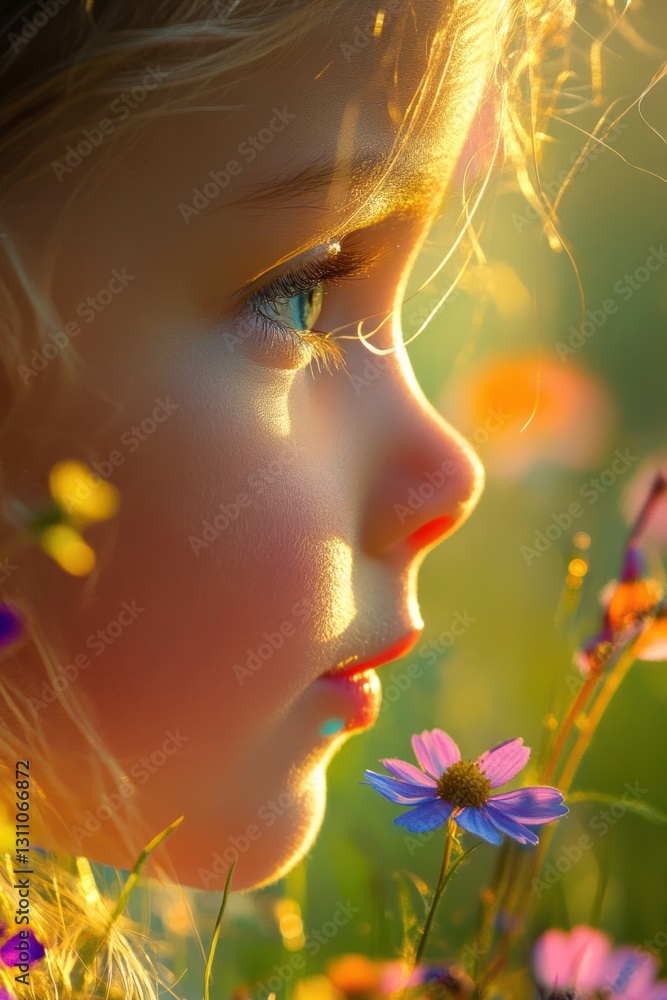 Child smelling flowers, sunset, meadow, joy, website banner Child smelling flowers, sunset, meadow, joy, website banner