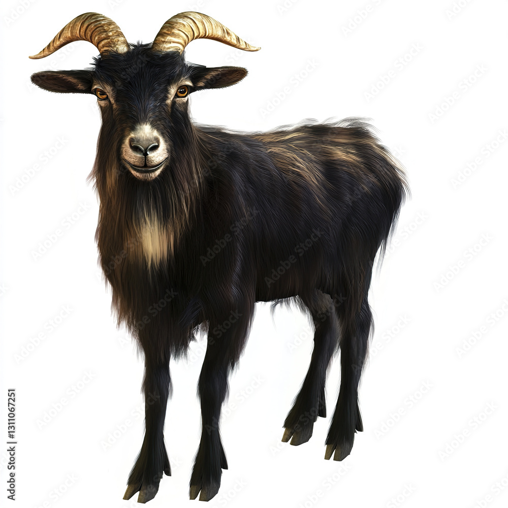 black goat with curved horns stands isolated on white background black goat with curved horns stands isolated on white background