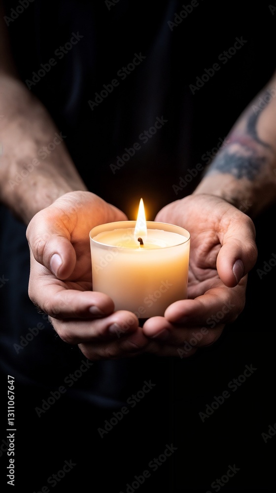 Fototapeta premium Hands holding a burning candle in the dark