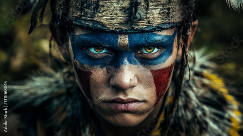A warrior has gleaming eyes, a firm face, a chiseled face, and a skin that ma...
