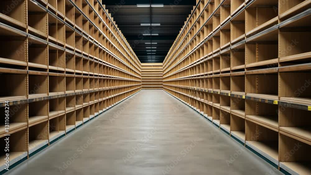 Empty Industrial Warehouse with Wooden Shelves and Spacious Storage Interior Empty Industrial Warehouse with Wooden Shelves and Spacious Storage Interior