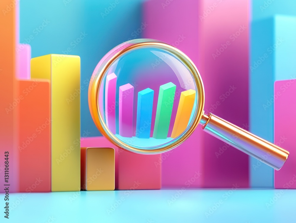 Colorful bar chart analysis, magnifying glass, pastel background, data visualization, marketing Colorful bar chart analysis, magnifying glass, pastel background, data visualization, marketing